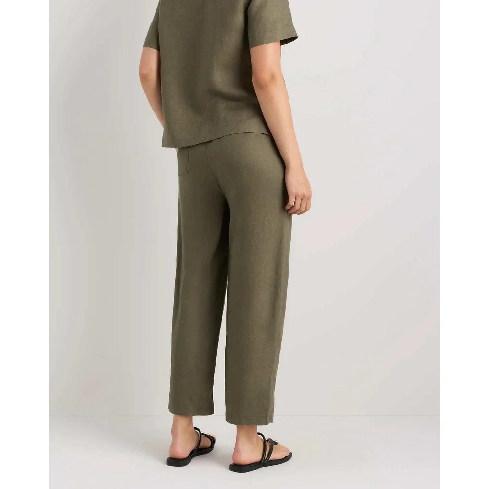 Quince European Linen Relaxed Straight Leg Pants Bayberry Olive Green Women L